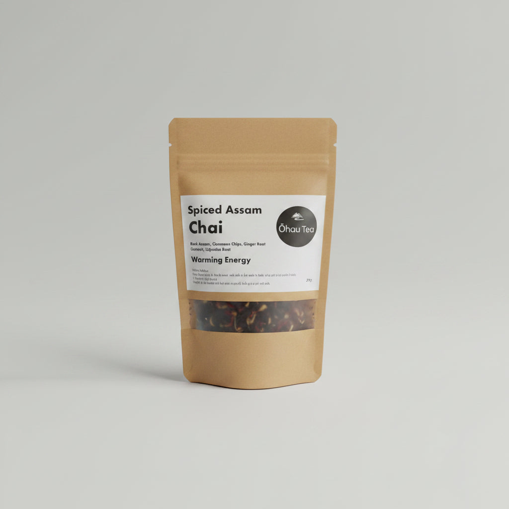 A stand-up pouch of Ohcu Tea Spiced Assam Chai tea on a light gray countertop, with a blurred kitchen or dining room background.